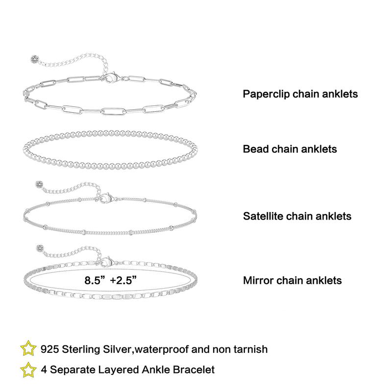 TEWIKY 925 Silver Plated Four-Layer Anklet with Paperclip, Beaded, Satellite, Bar Chain, Valentine's Day Gift, Suitable for Various Occasions