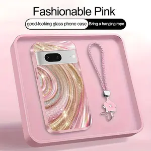 Luxury Rose Gold Swirl Phone Case with Flower Lanyard, Glitter Pink Art Aesthetic Cover for Google Pixel 7 ---975