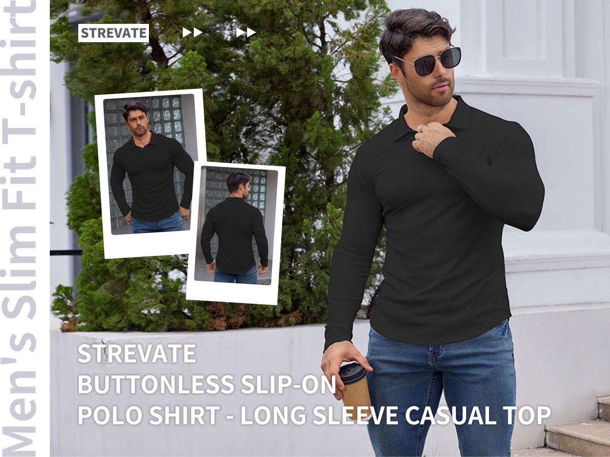 STREVATE Men's Muscle V Neck Polo Shirts Casual Long Sleeve Slim Fit Ribbed Golf T Shirt Athletic Tee for Daily Outdoor Wear,Men's Streetwear Outfits