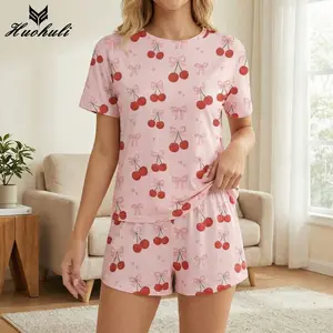 Women's Cherry Print Pajama Set, Long/Short Sleeve Comfortable Sleepwear, Casual Crew Neck Loungewear Nightgown, All Seasons Woven Fabric