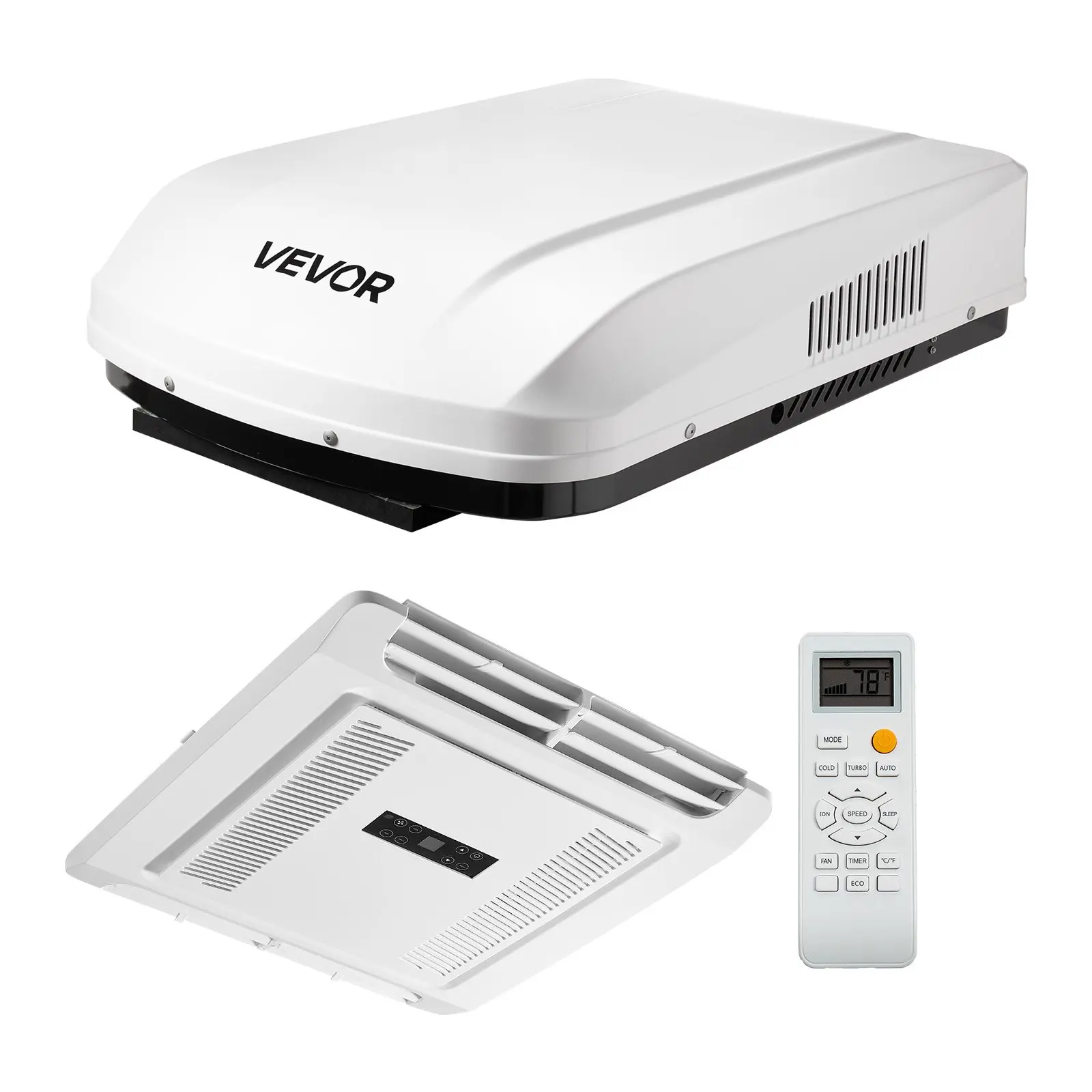 VEVOR 15000 BTU 120V Non-Ducted Rooftop RV Air Conditioner - Plastic-Copper Components, R32 Refrigerant, Heat Pump, Variable Speed, ADB Button Control, Remote, Quiet Easy Install, White, Cooling & Heating, 40.9x29.7x10.6 in