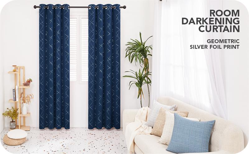 Deconovo Blackout Curtains Silver Parallel Slash Thermal Insulated Noise Reducing Privacy Drapes for Bedroom & Living Room Black Patterned Grommet Top