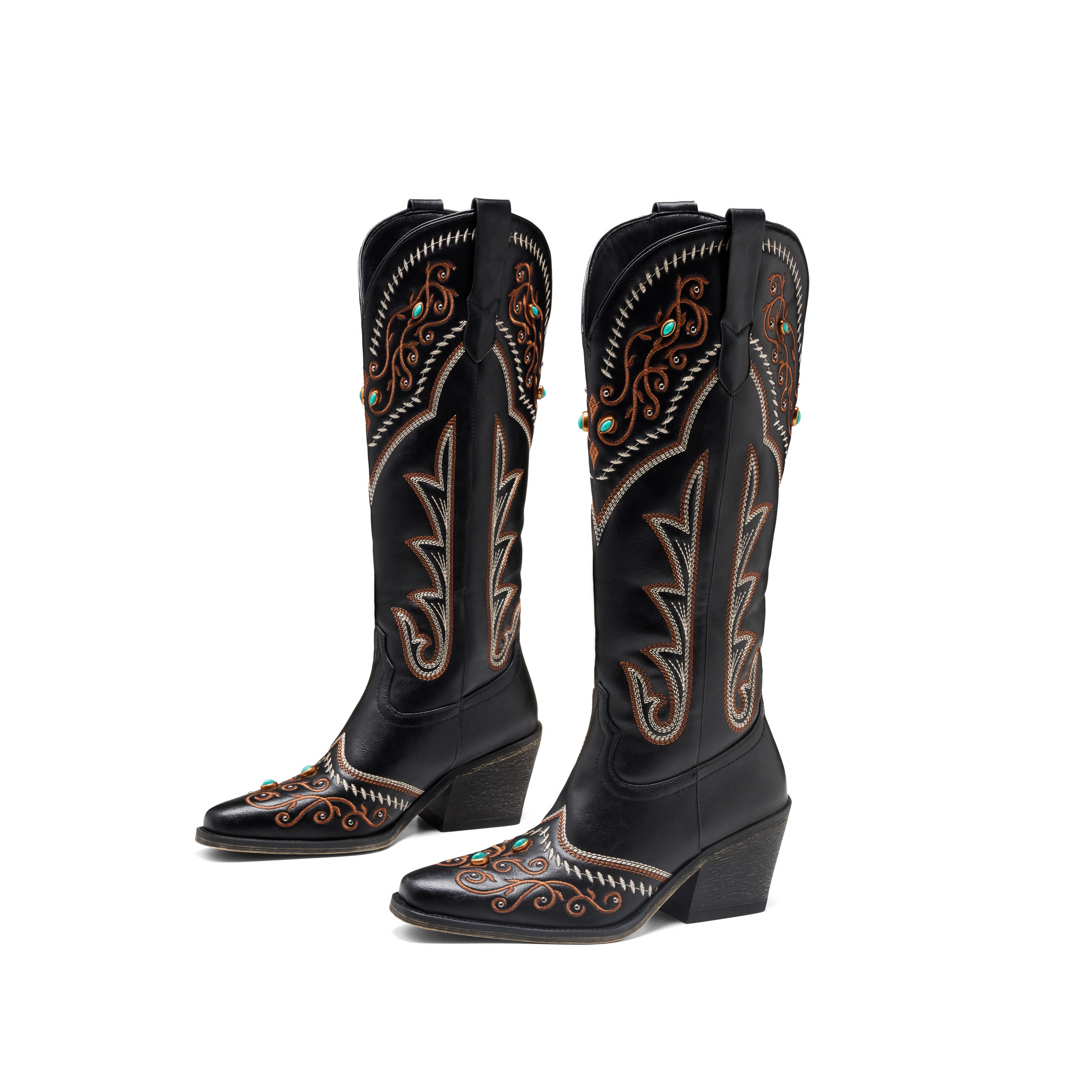 ReneChristine Women's Embroidery Western Cowboy Boots with Studs & Emerald Gemstones, Knee High Wide Calf Cowgirl Boots for Gatherings Weekend Hangouts fur boots knee high boots boots for fall brown boots cowgirl boots Classic wide calf boots SpringStatem