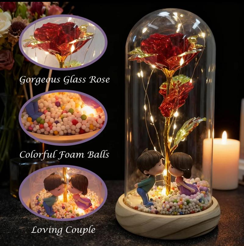 Valentine's Day simulation gilt roses, creative wooden base glass cover with couple dolls, colorful foam balls, AA battery power supply, gift box packaging suitable for Valentine's Day gifts, romantic night lights in home bedrooms Valentine's Day simulation gilt roses, creative wooden base glass cover with couple dolls, colorful foam balls, AA battery power supply, gift box packaging suitable for Valentine's Day gifts, romantic night lights in home bedrooms