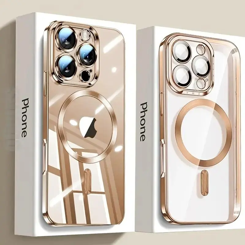 Magnetic Electroplated Slim Shockproof Case with Transparent Back & Camera Lens Protection Glass, MagSafe-Compatible Wireless Charging Cover for iPhone Series Multi-Model (17, 16, 15, 14, 13, 12, 11 Pro Max, Plus)