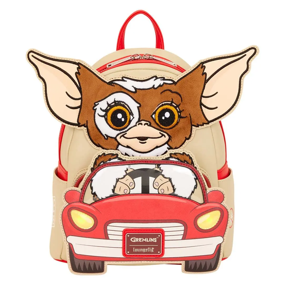 Loungefly Warner Bros Gremlins Gizmo Embroidered Light-Up Collectibles Mini Backpack - Red Straps, Zip Closure, Handle With Care Note, Faux Leather, Retro Style, 9” w x 10.5” h x 4.5” d, Lights