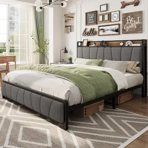 King Size Bed Frame with 2 Storage Drawers and Charging Station, Grey Rustic Linen Upholstered Platform Bedframe with Storage Headboard, No Box Spring Needed, Easy Assembly, Noise Free