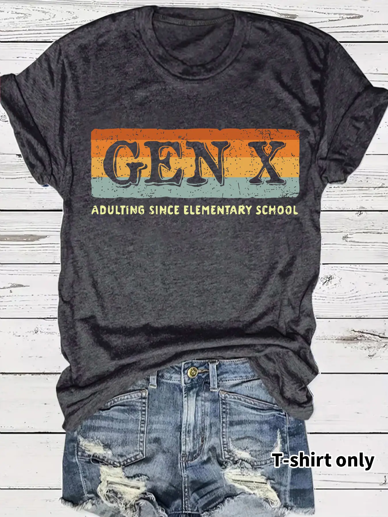 Women's Casual Short Sleeve T-Shirt, Genx Letter Print, Soft Breathable Fabric, Round Neck, Fitted, All Seasons