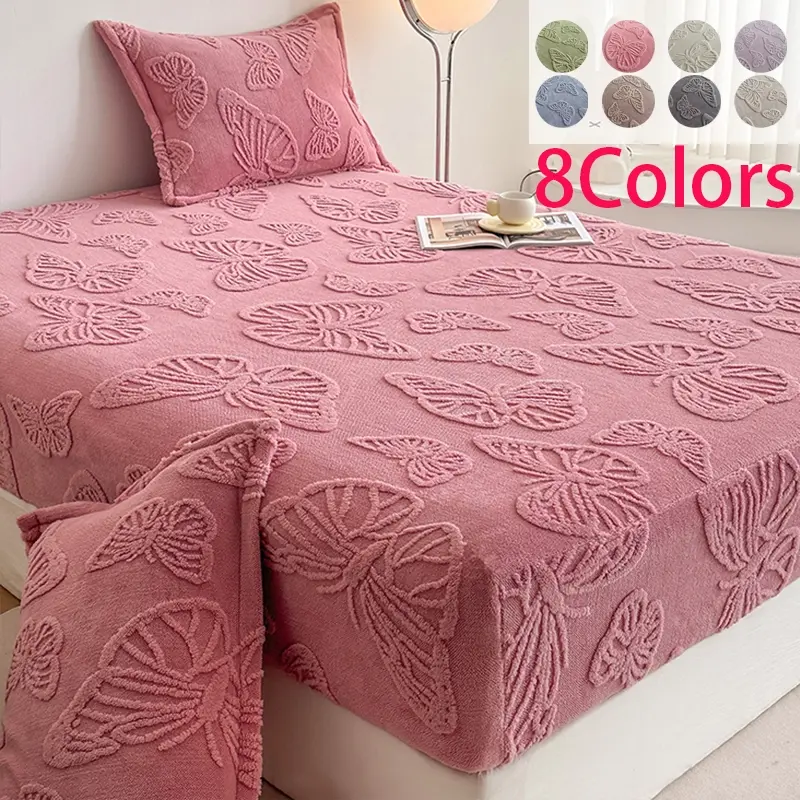 Butterfly Jacquard Bed Sheet Set, Soft Breathable Fabric, King Queen Size, Non-Slip Deep Pocket, Includes 1 Fitted Sheet and 2 Pillowcases, Soft Comfy Bedding, Decorative Bedsheet Sets, Bedding Supplies