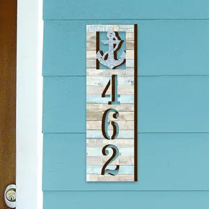 Coastal Door Numbers Sign - Anchor Wooden House Number Plaque - Custom Home Address Sign MA989811