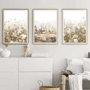 Beige Wildflower Wall Art Set of 3 Posters, Neutral Botanical Flower, Vintage Nature Wall for Room Decor
