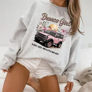 Pink Bronco Girl Sweatshirt, Classy Sassy Bad-Assy Graphic Crewneck, Women's Ford Bronco Pullover with Rubber Duck, Cute Floral Mountain Design