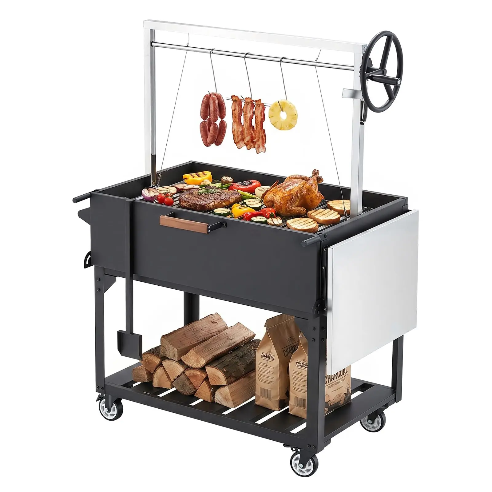 AECOJOY Adjustable Crank Wood Charcoal BBQ Grill, Argentine Santa Maria Cart with Folding Side Table, Thickened Stainless Steel Chamber, Waterproof & Easy to Assemble