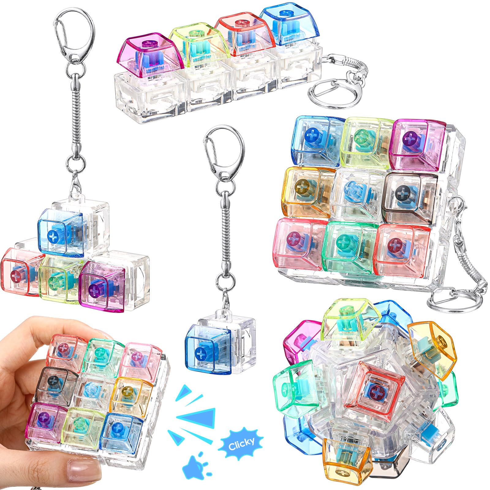 4/5 Pcs Keyboard Fidget, 4-In-1Decompression Button Keychain, Stress Relief Finger Clicker in 5 Styles, Valentines Galentines Gift for Office School Home to Pass The Time, Galentine Party Favor Valentine Basket Filler