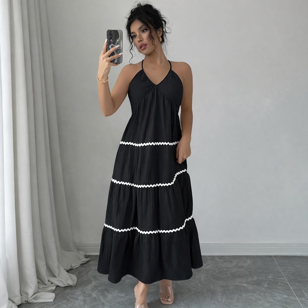 Florboom Women's Halter Neck Backless Maxi Dress Boho Tiered Ruffle Summer Beach Vacation Long Dress