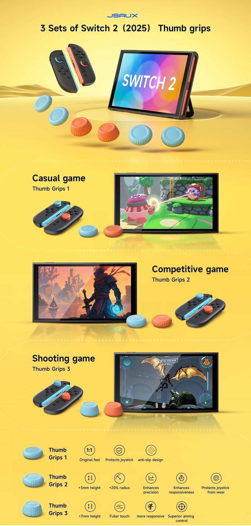 JSAUX Thumb Grips Designed for Nintendo Switch 2 (2025), Switch Thumb Grip Caps, Ergonomic Design, Enhanced Gaming Grip, Comfortable & Durable, Joycon Grip Button Stick Cover