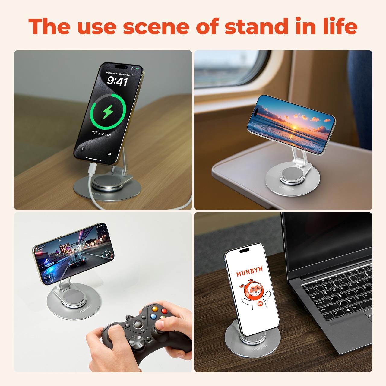 MUNBYN 360-Degree Rotating Magnetic Phone Stand ,Adjustable Foldable Aluminum Phone Holder,Universal Phone Accessory for Home Office, Silver Edition