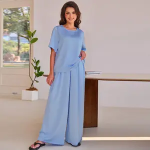 Joyfunear Women's Satin Silk Casual Summer Set Short Sleeve Hoodie with Loose Straight Pants Set Soft and Comfortable Home Clothes