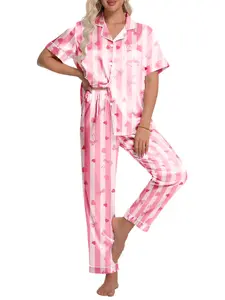 DAKIMOE Silk Satin Pajamas Set for Women Two-Piece Short Sleeve Shirt with Long Pajama Pant Set Soft Button Down Loungewear Nightwear Pjs Sleepwear for Women