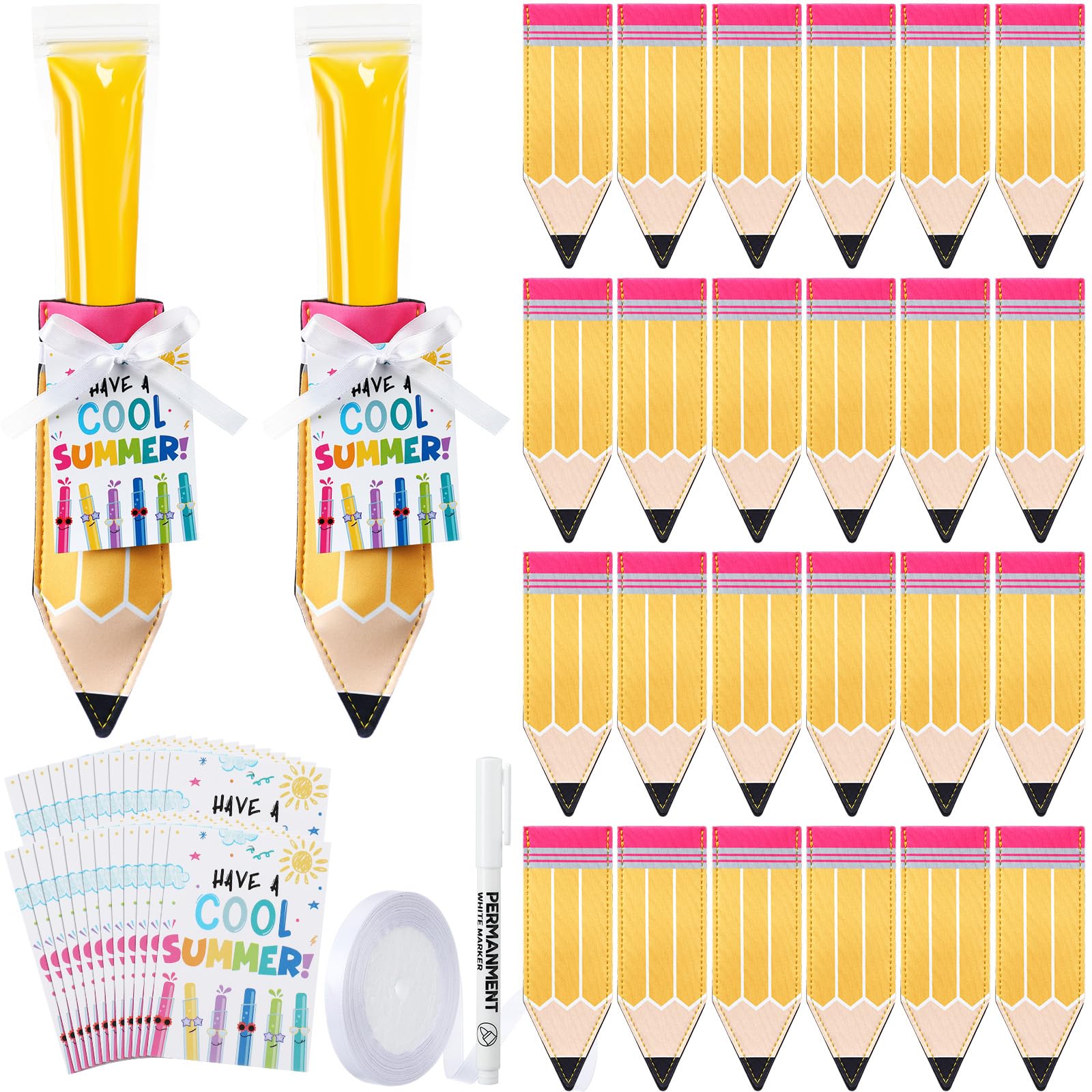 24/30 Pack End of School Year Gifts Reusable Ice Pop Sleeves with Gift Cards & Ribbon, Multicolor Washable Neoprene Popsicle Holders for Students, Classroom Prizes, Summer Favors