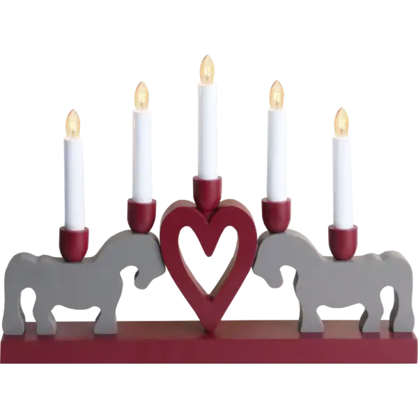 Candelabra: Two Swedish Dala Horses with a Red Heart & 5 LED Candle Sticks by Star Trading - "Leksand Candlestick"