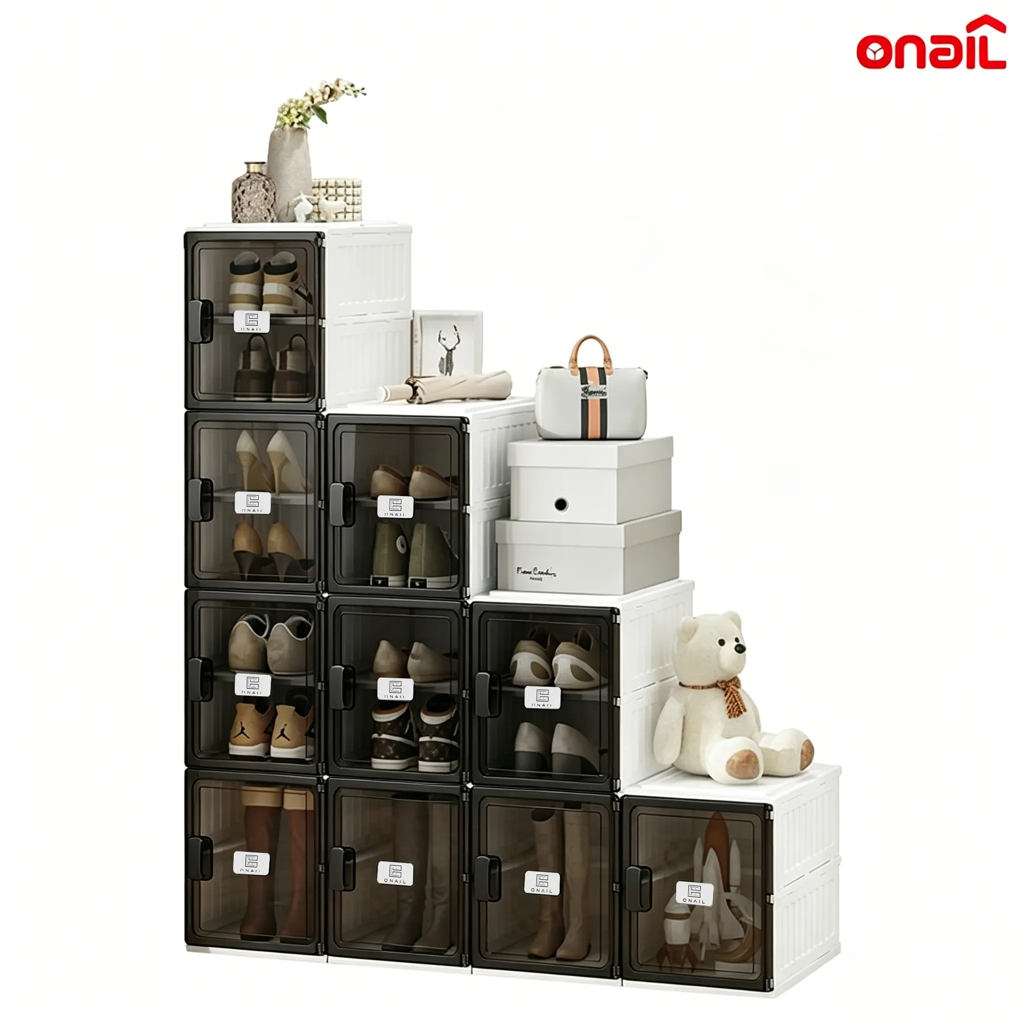 ONAIL - Foldable Shoe Organizer Storage Box with Magnetic Clear Door, Sturdy Easy Assembly, Large Sneaker Cabinet Bins, Foldable Design Acrylic Display Case Racks