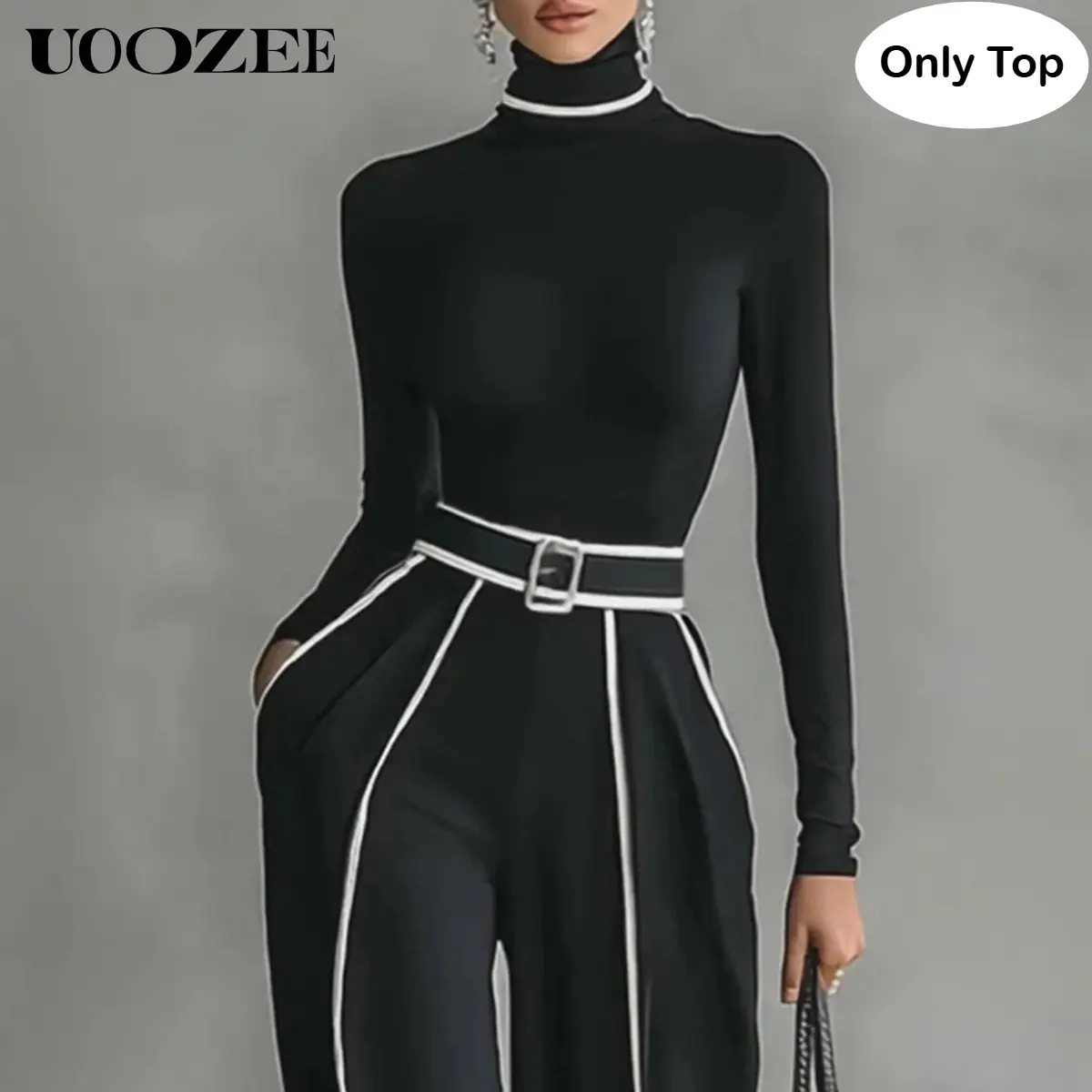 UOOZEE Women's Turtleneck Knitwear Top - Long Sleeve Slim-Fit Spandex Lightweight Pullover with Contrast Trim, Basic Statement Rayon Garment for Office, Evening Use, Pairable with Flat/Strappy/Chunky Pants, Fabric