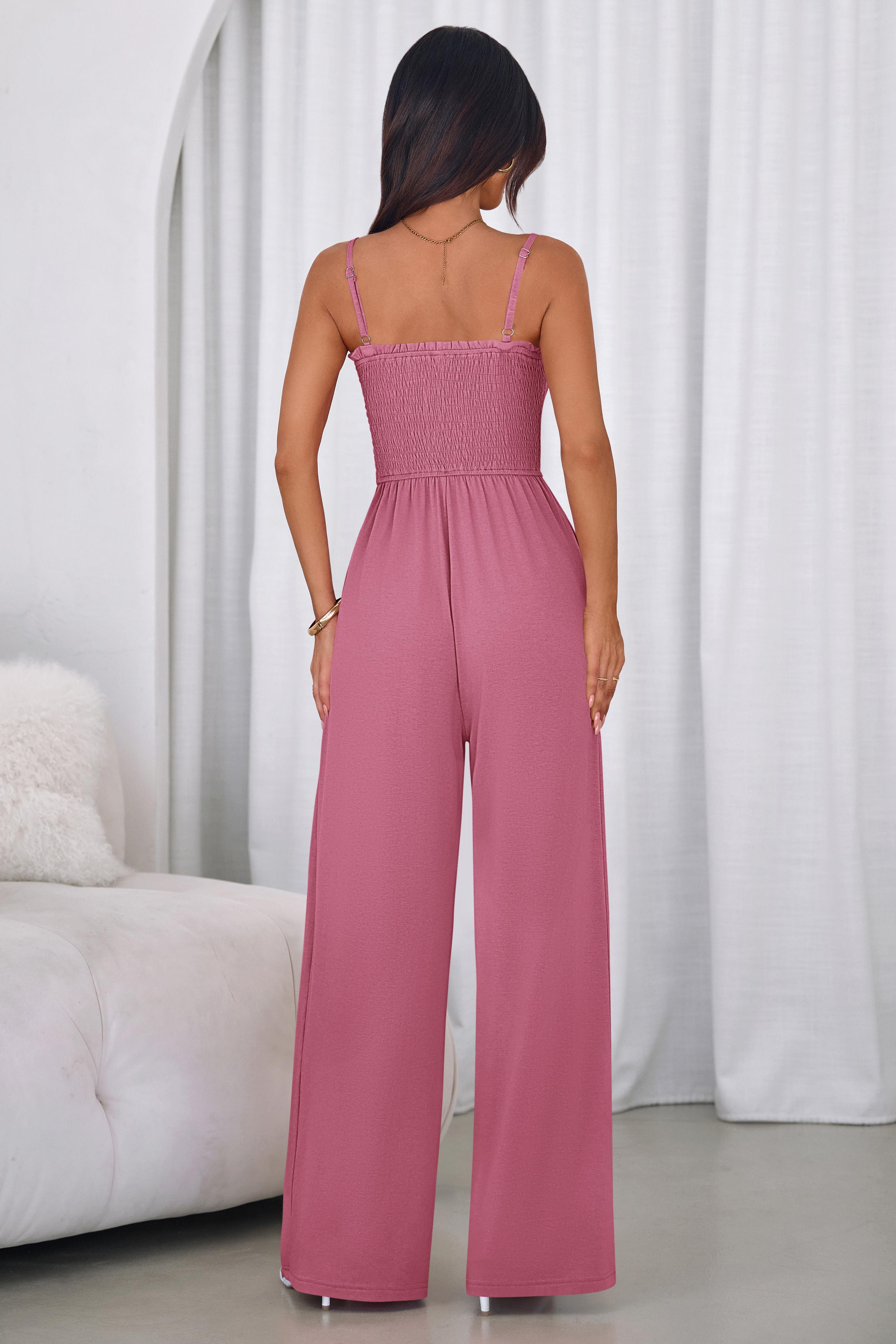 PrettyGarden Jumpsuits for Women Summer Sleeveless Smocked Button Wide Leg Rompers Spring Travel One Piece Outfits