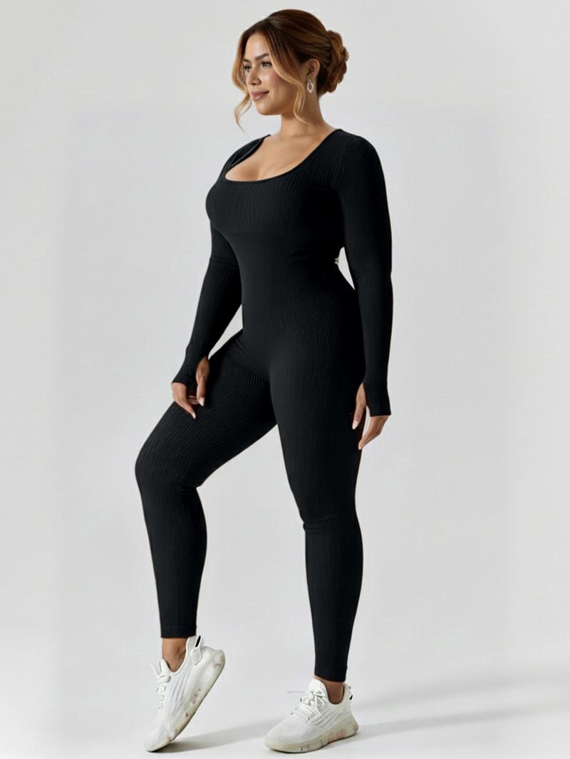 Women's High-Waisted Yoga Bodysuit Quick-Dry Long Sleeve Workout Top with Removable Pads High-Elasticity Slim Fit for Running Gym & Training Solid Black All-Season Fitness Apparel Tummy Control Jumpsuit Stylish Activewear