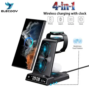 4-in-1 Wireless Charging Stand-portable chargers with digital clock and brightness adjustment,compatible with iphone/Samun,Watch and earphone, ELECDOV C01 -- the perfect gift choice