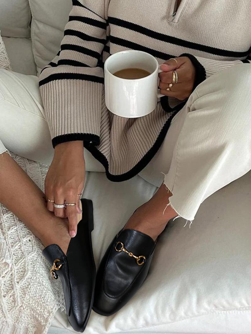 EVELLYHOOTD Pretty Comfort Mules for Women Pointed Toe Snaffle-Trim Backless Loafers Leather Slip On Mule Unisex #8001