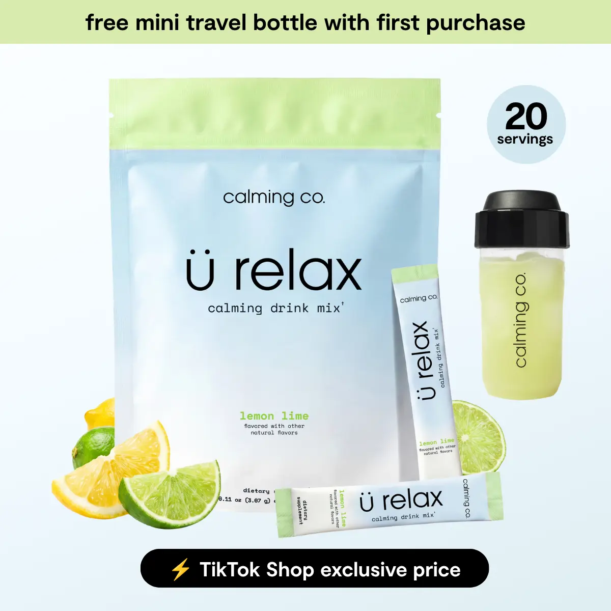 Ü Relax 2.0 | Calming Drink Mix | Bluenesse Lemon Balm, KSM-66 Ashwagandha, Chelated Magnesium Glycinate, L-Theanine & Vitamin D3 | Dual-Action Cortisol Support for Stress-Relief, Relaxation & Sleep | Sugar-Free | 20-Count Single-Pack | Calming Co.
