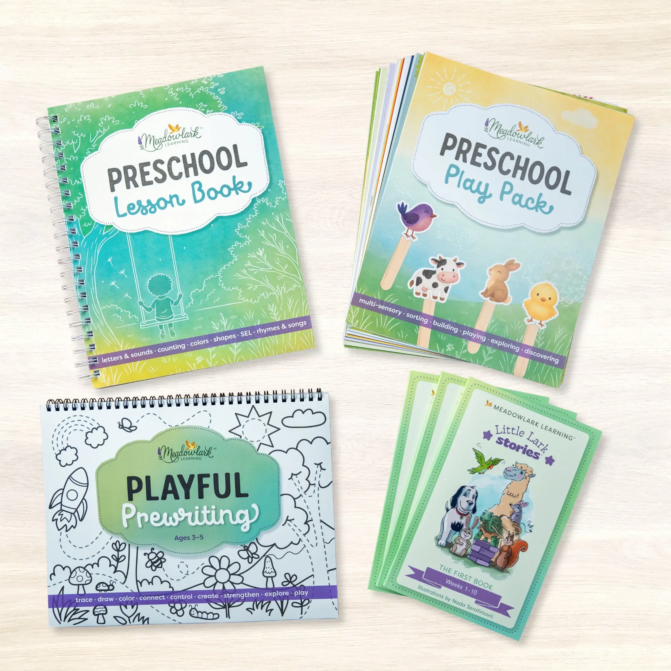 Meadowlark Learning Preschool Bundle - Complete Set with Curriculum, Play Pack, Stories & Prewriting for Home Learning