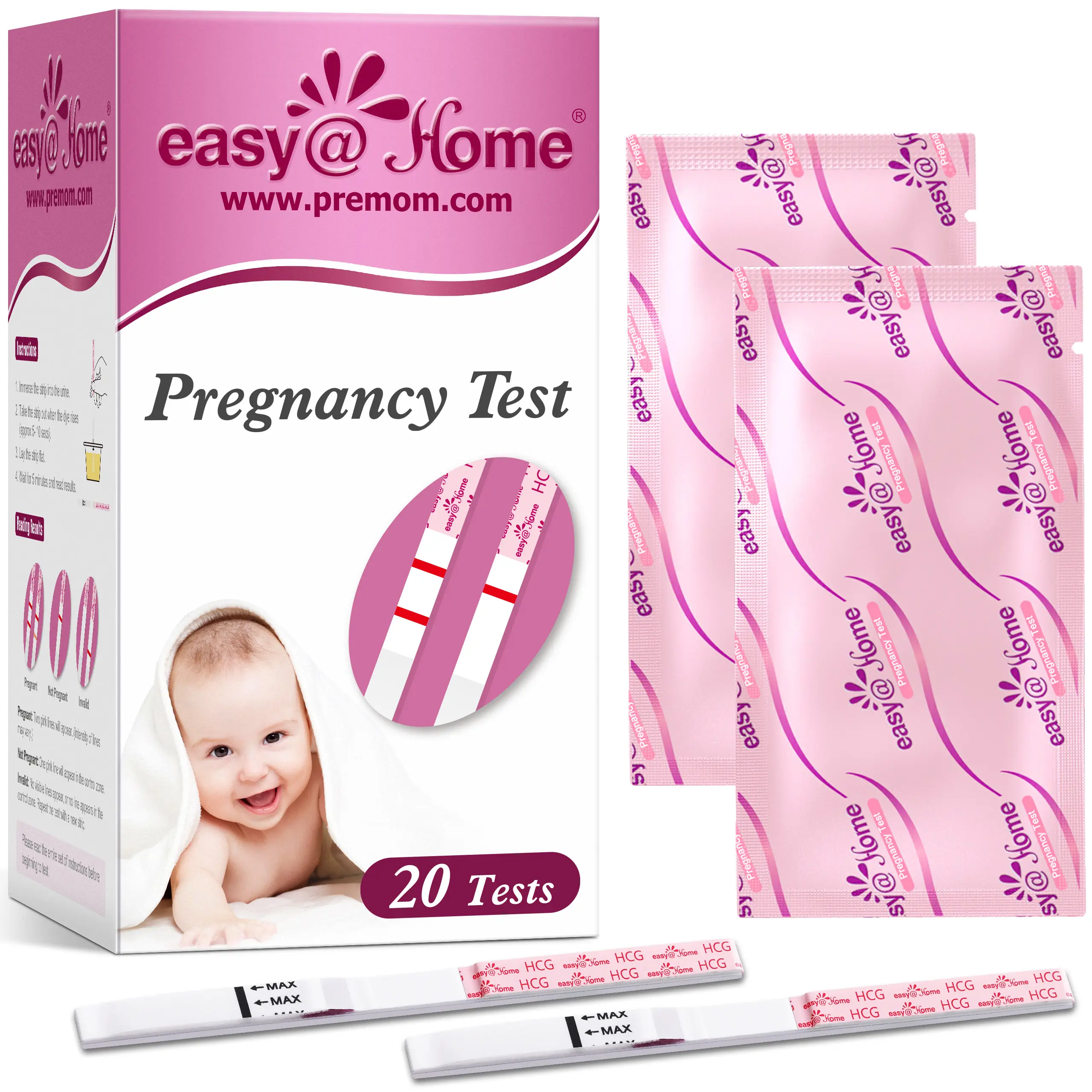 Easy@Home hCG Pregnancy Test Strips Kit - Early Detection & Precise Result - 10/20/40/60 Pack Options for Women