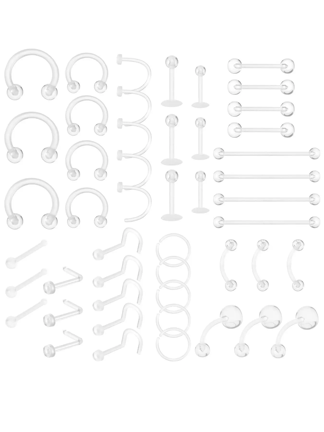 Transparent Body Piercing Kit, 48pcs/set Clear Plastic Nose Ring, Lip Ring, Earring, Navel Ring, Belly Button Piercing, Eyebrow Studs, Body Piercing Jewelry for Women & Men, Nose Piercings Kit, Piercing Party Pack