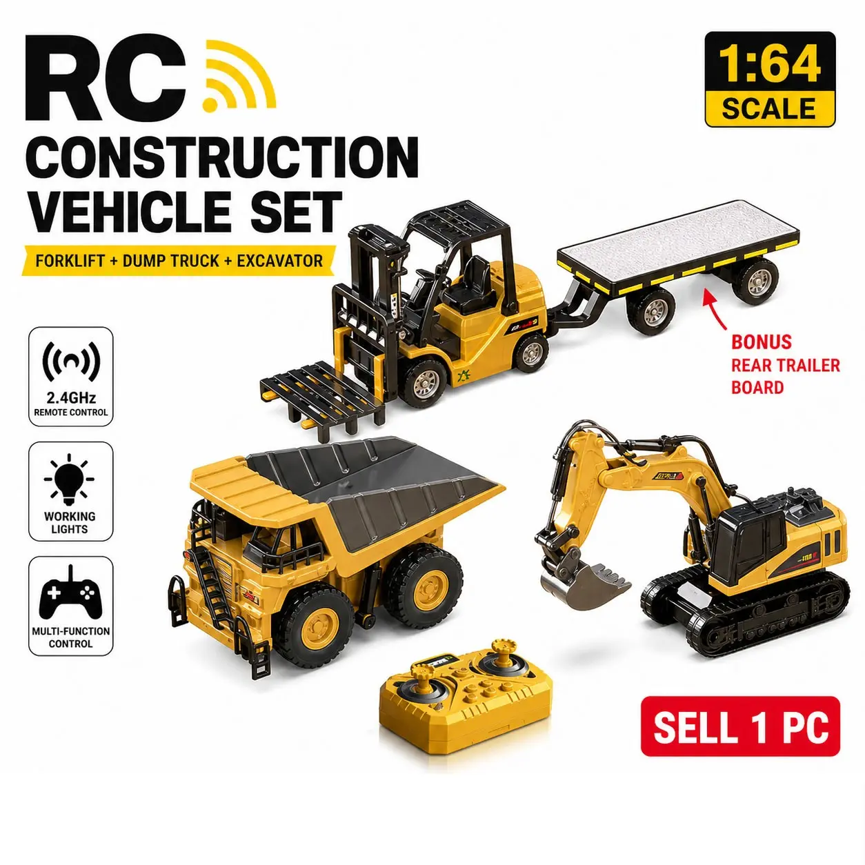 1:64 RC Forklift Toy with Adjustable Mast and Crane, Switchable Between Forklift and Crane, Mobile APP Control, RC Controlled for Kids 6 Years Plus