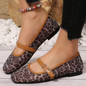 Women's Leopard Print Ballet Shoes Mesh Flats Square Toe Buckle Strap Breathable Summer Casual Shoes Springfresh