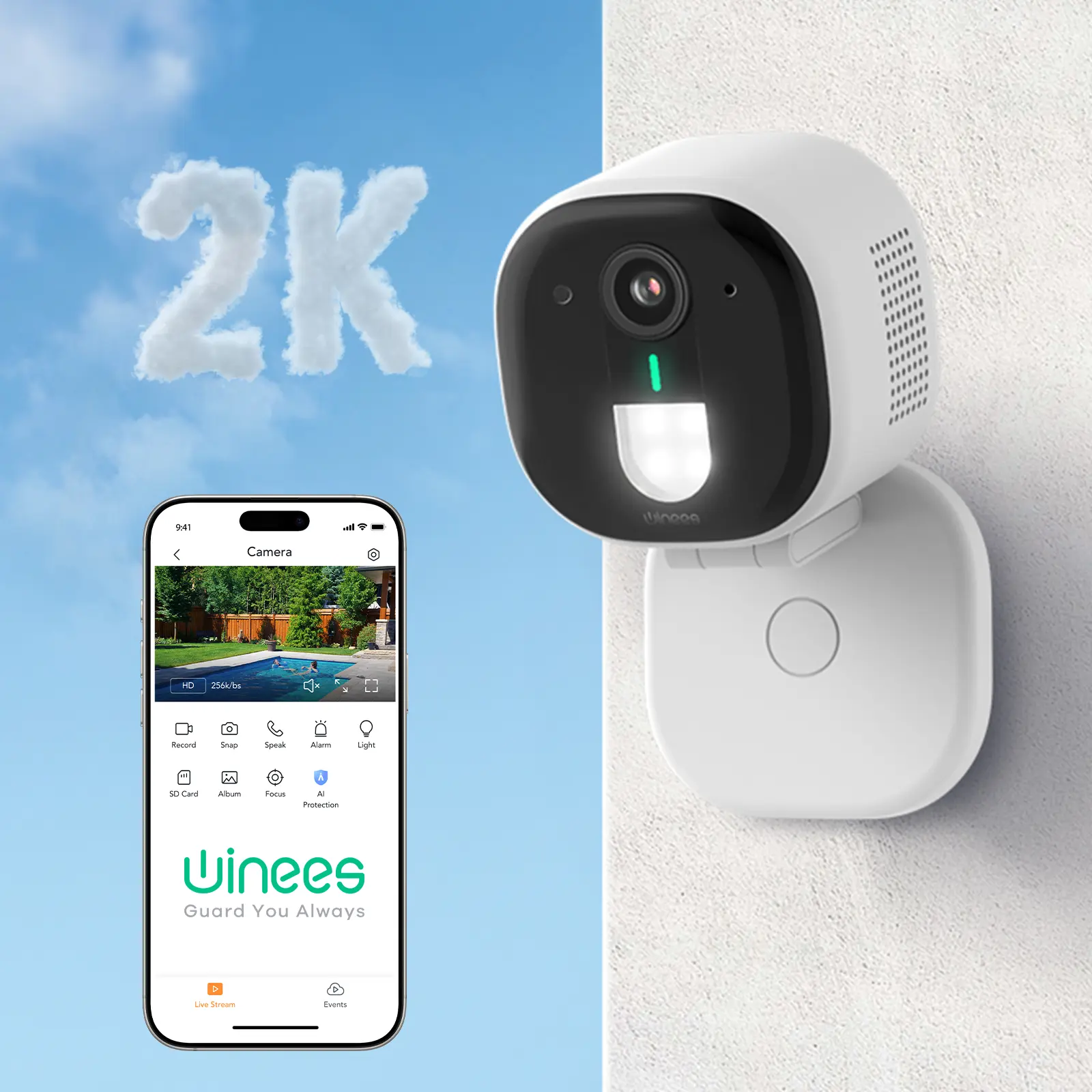 winees 2K Home Security Camera Indoor Outdoor, Wired WiFi Camera for Home, AI Human & Pet Detection, Color Night Vision, Two-Way Audio, Pet Camera & Baby Monitor, Cloud & 128GB SD Storage