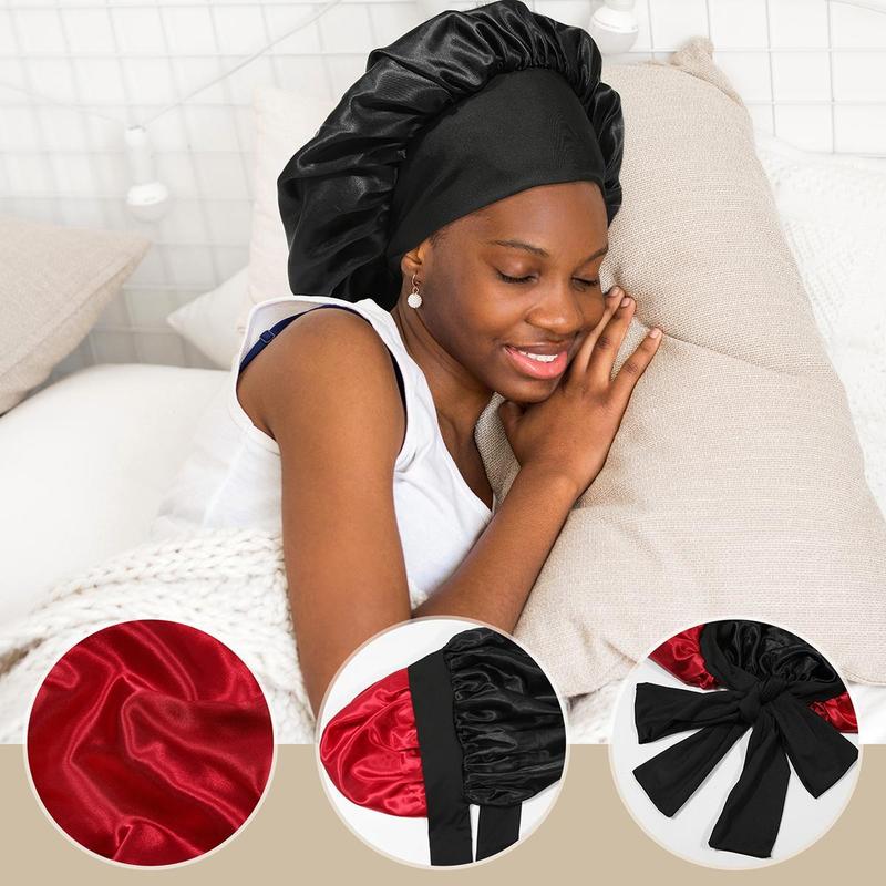AWAYTR 2PCS/Set Satin Bonnets Silk Like Bonnet for Sleeping Double Layer Hair Cap with Elastic Tie Band for Curly Hair Night Cap Gifts