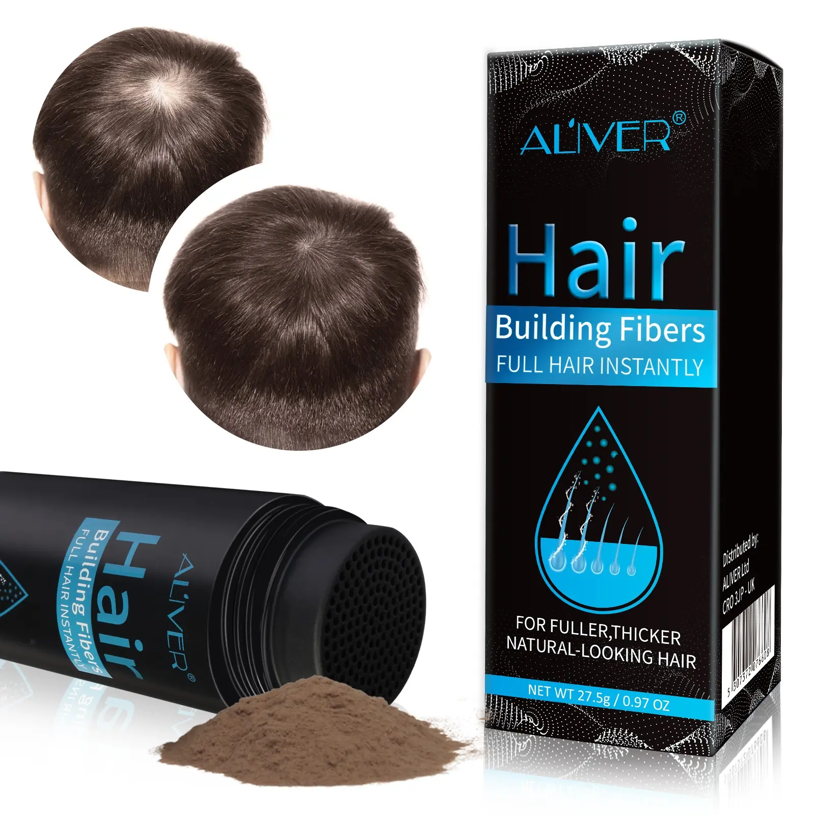 ALIVER Hair Fibers: Fill in sideburns and goatees, recreate a full hairline. Waterproof and sweat-resistant, stays put all day. Keratin-based hair-thickening fibers provide dense, invisible coverage for thinning areas. Resists water and sweat.