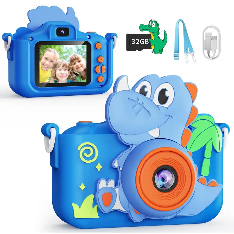 KOKODI Kids' Digital Dinosaur Fun Camera Toy - 1080P Dual Camera, 2-inch IPS 240*320 Screen, 32GB SD Card, Selfie Function, Puzzle Games, MP3 Player, 28 Stickers, 6 Filters, Eye Protection, Cells, Batteries, Protective Design, Christmas/Birthday Gift,fami