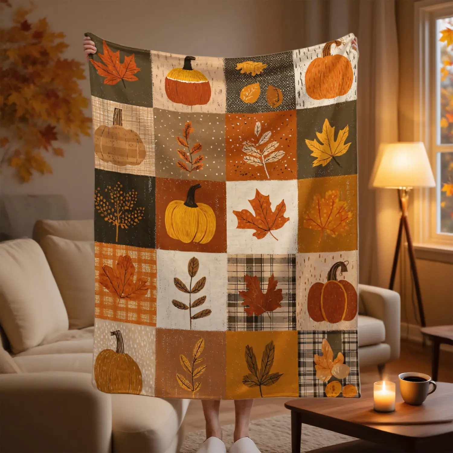 1pc Cozy Autumn Flannel Oversized Bed Blanket, Rustic Pumpkin Maple Leaf Seasonal Home Decor Blanket, Soft Warm Large Cover Blanket For Sofa & Bed Daily Use