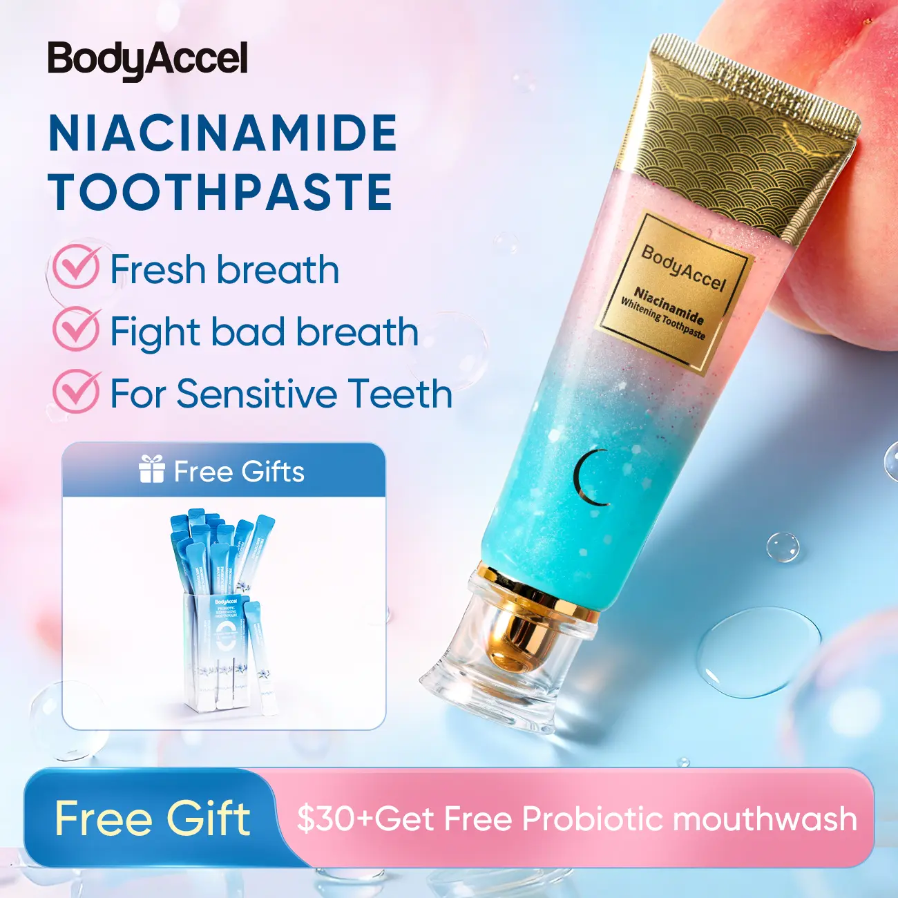 BodyAccel Xylitol Niacinamide Toothpaste - Cruelty-Free, Natural Whitening, Deep Cleansing, Stain Removal, Plaque Control, Anti-Bacterial, Fresh Breath, Gum Health Support, Color Correction (6-Month Supply, Single Item), Xylitol Toothpaste, Plaque Removal