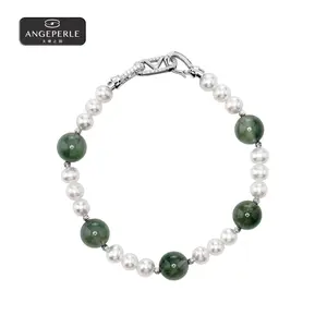 ANGEPERLE S925 Silver Freshwater Pearl, and Green Rutilated Quartz Bracelet 5-6mm TSYH04
