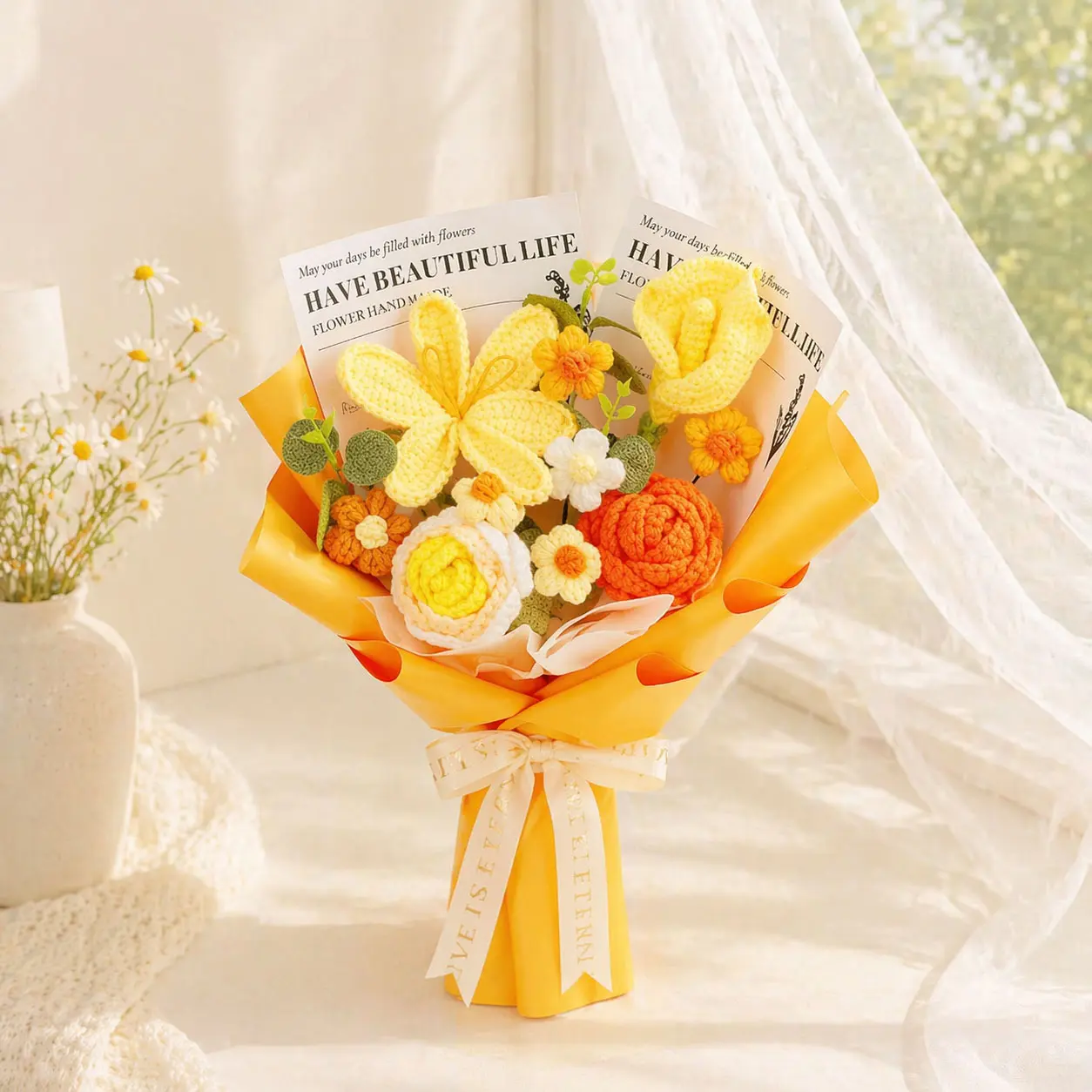 1 Bunch Handmade Knitted Crochet Flower Bouquet Decor, Decorative Bouquet, Faux Artificial Flowers, Artificial Flower Arrangement, Graduation & Teacher's Day Gifts, Room Decor & Gift for Her, Ideal for Weddings, Birthday, Mother's Day , Valentine's Day