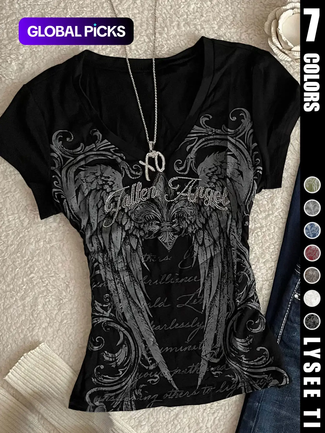 Halloween Wings Graphic Print Retro Y2K Fashion Women's V Neck Short Sleeve T-Shirt, All Seasons Fitted Top, Plain Surface, Unlined