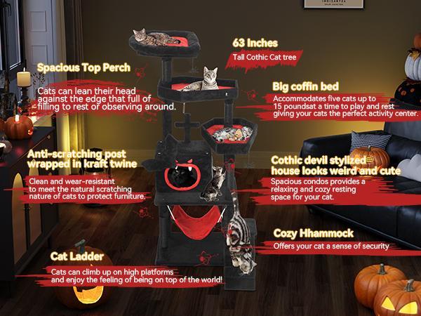 Yitahome Gothic/Christmas Cat Tree with Coffin Bed, Cat Tower for Cats with Top Perch, Spacious Cat Condos, Comfy Hammock, Scratching Post and Ladder