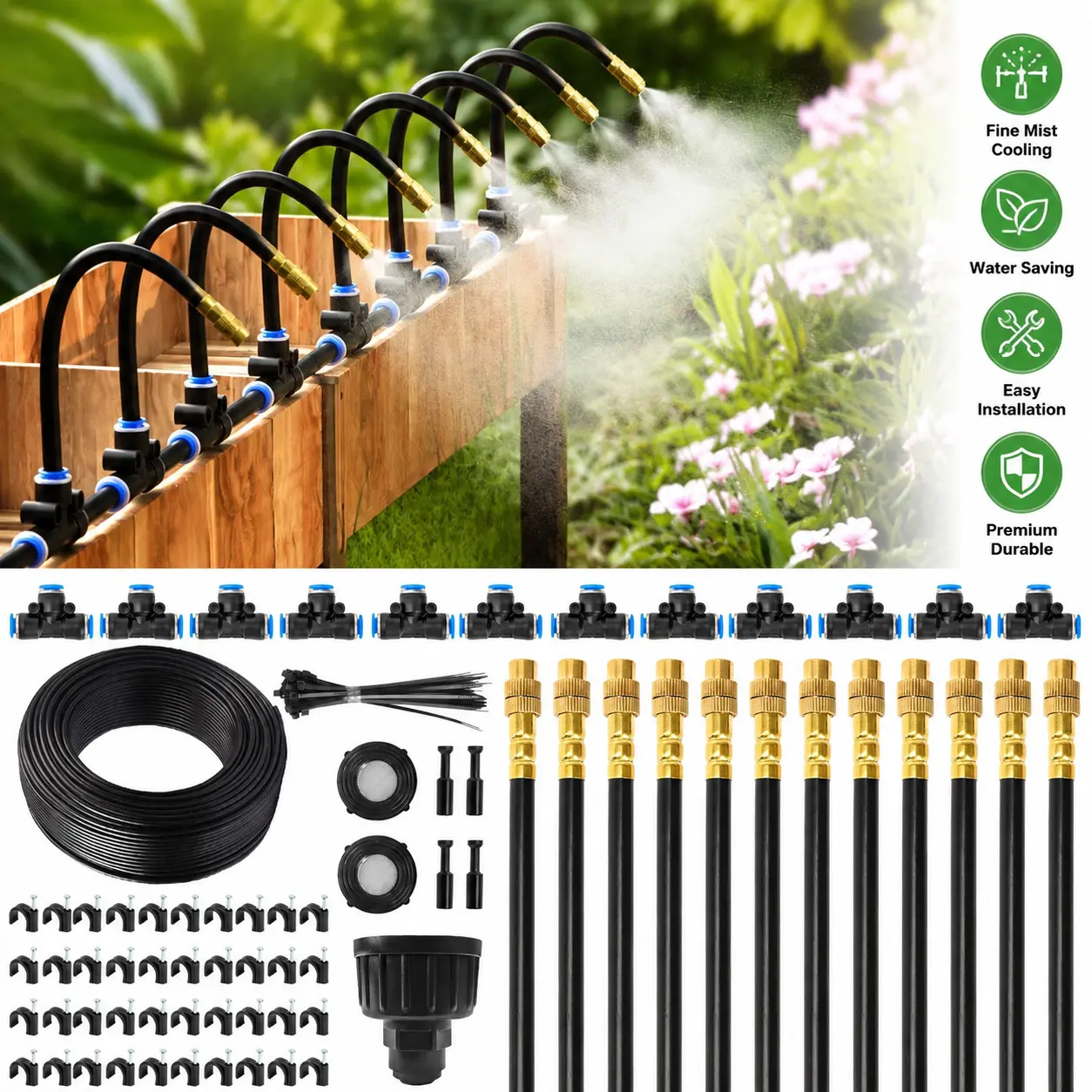 Mixc Complete Drip Irrigation System Kit - 50FT Tubing, 12 Adjustable Copper Nozzles, Aluminum Rods, 50% Water Saving Automated Misting Watering Equipment for Greenhouse, Outdoor Potted Plants (Home Improvement Garden Supplies), Complete Kit Included