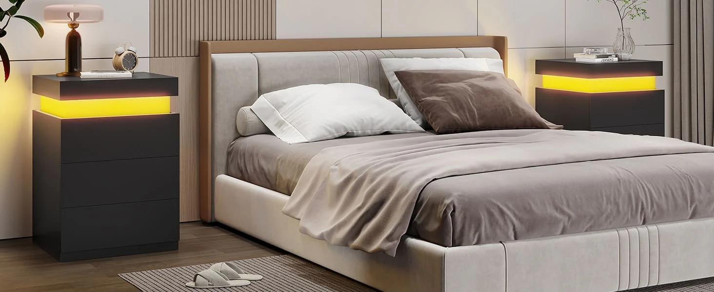 Sikaic Modern Nightstand with LED Lights & Charging Station Black 15.8"D x 17.7"W x 26.8"H Sliding Top Drawers for Bedroom & Living Room