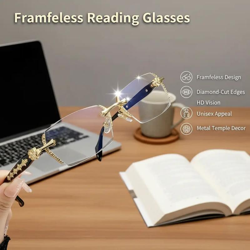 Frameless Reading Glasses with Clear Lenses, Diamond-Cut Edges & Fashion Metal Temple Decor, HD Vision for Reading, Computer Gaming, and Street Style, Unisex Women/Men Daily